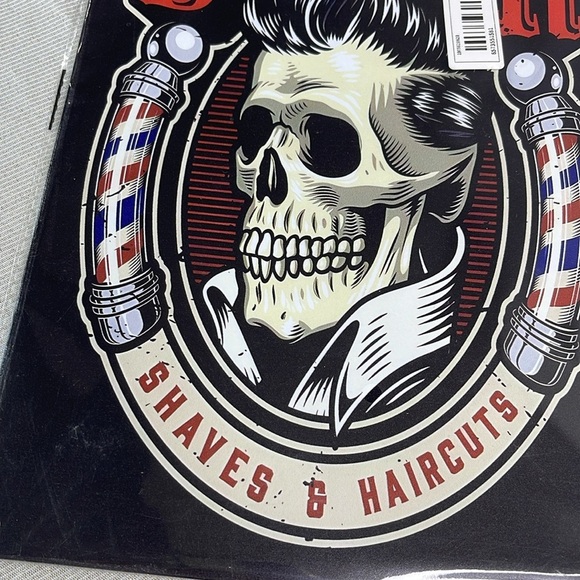 Vintage Vibe Los Angeles Barber Shaves & Haircuts Tin Metal Sign Skull Red Black - Picture 2 of 6